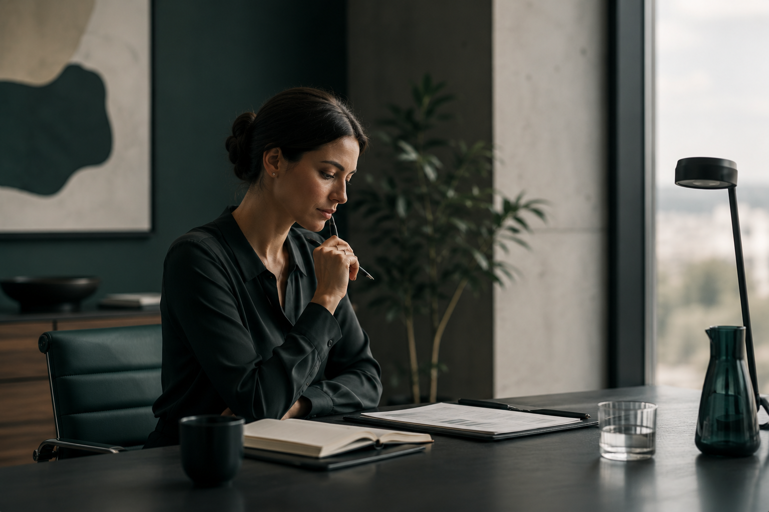 A professional reviewing notes calmly before a high-stakes conversation
