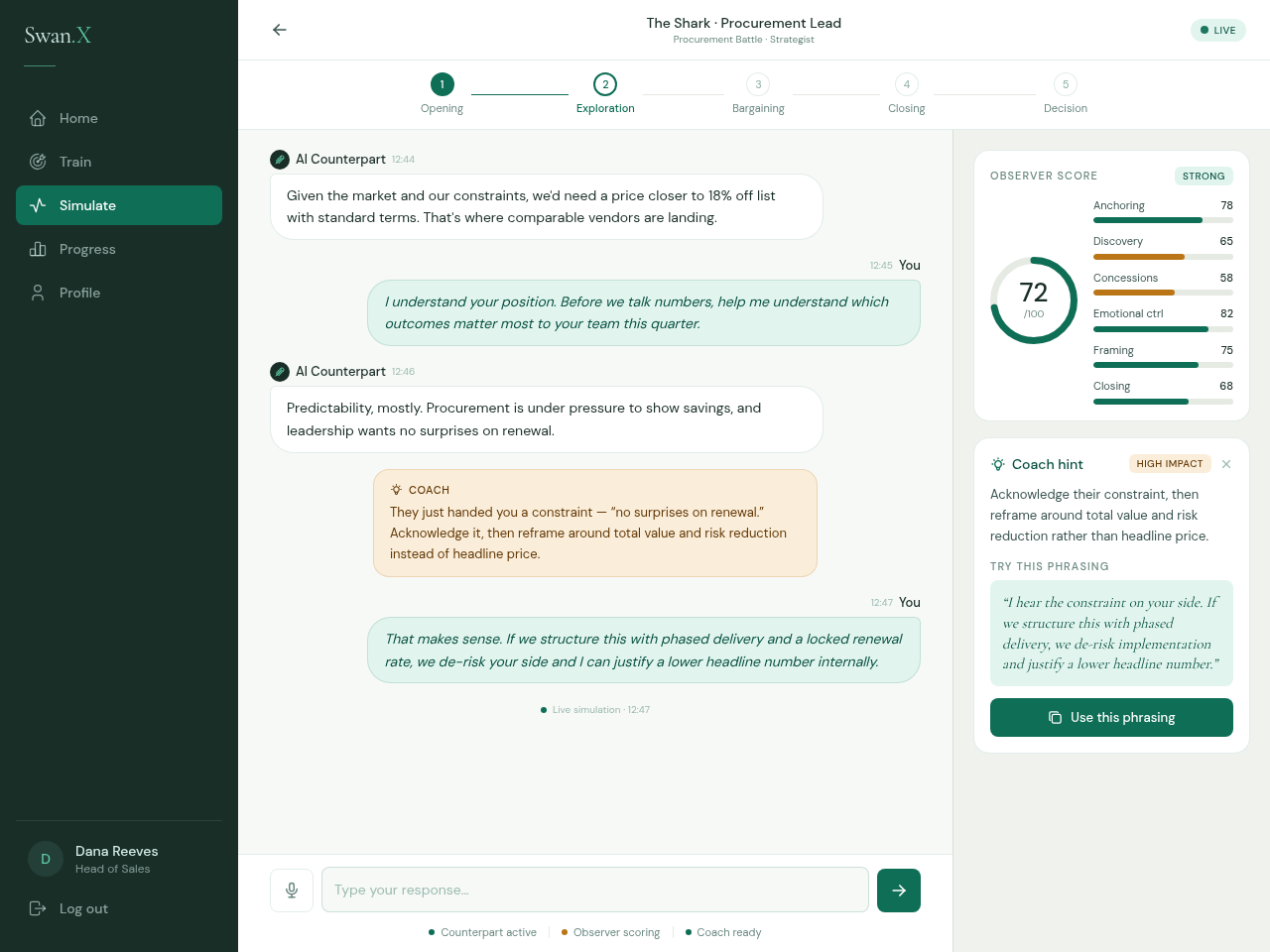 Swan.X simulation interface showing a negotiation thread, phase bar, score panel, and coach suggestion